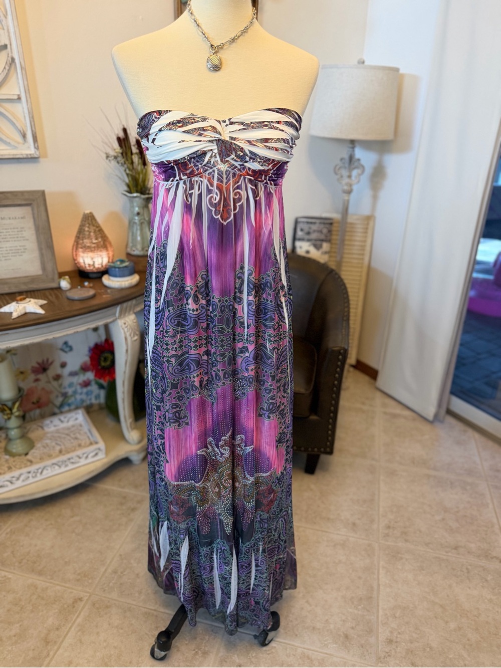Strapless Purple Paisley Maxi Dress